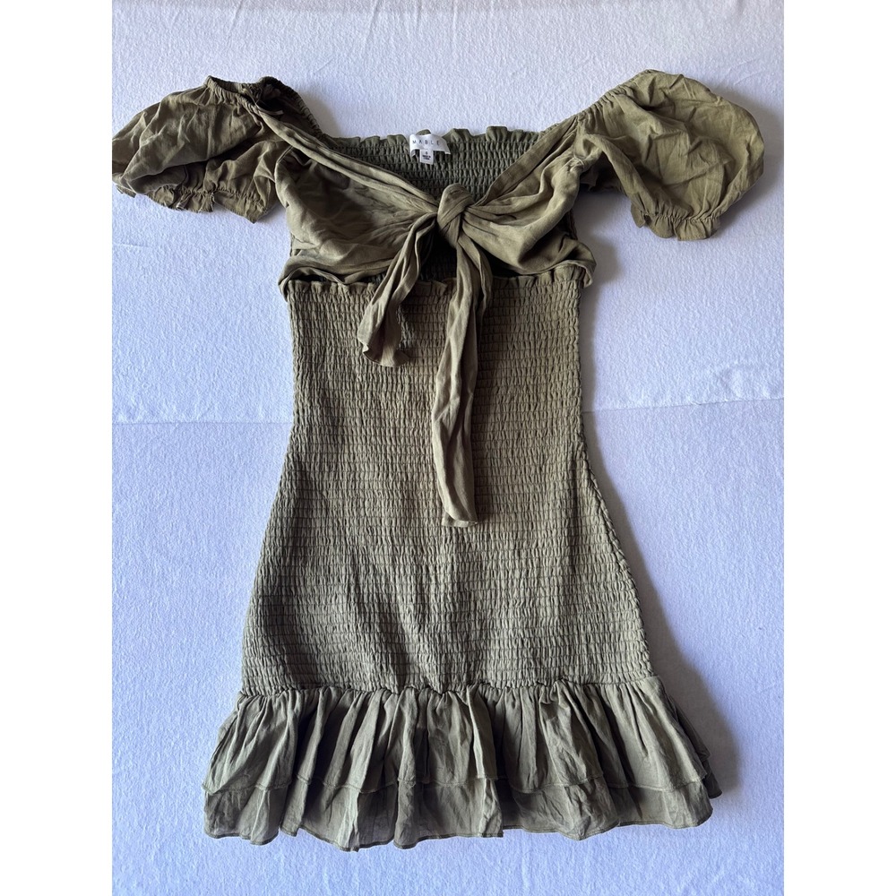 Mable Olive Green Smocked Tie Front Off Shoulder Puff Sleeve Mini Dress Small